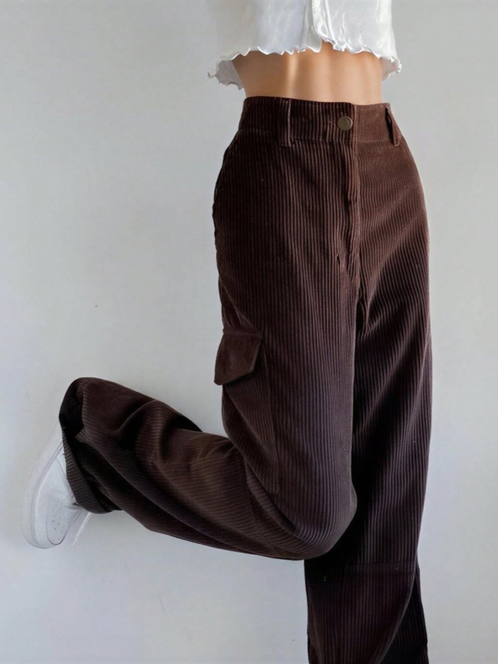 Coffee Brown Elegant Women's Y2k Baggy Corduroy Pants - Picture 3 of 4